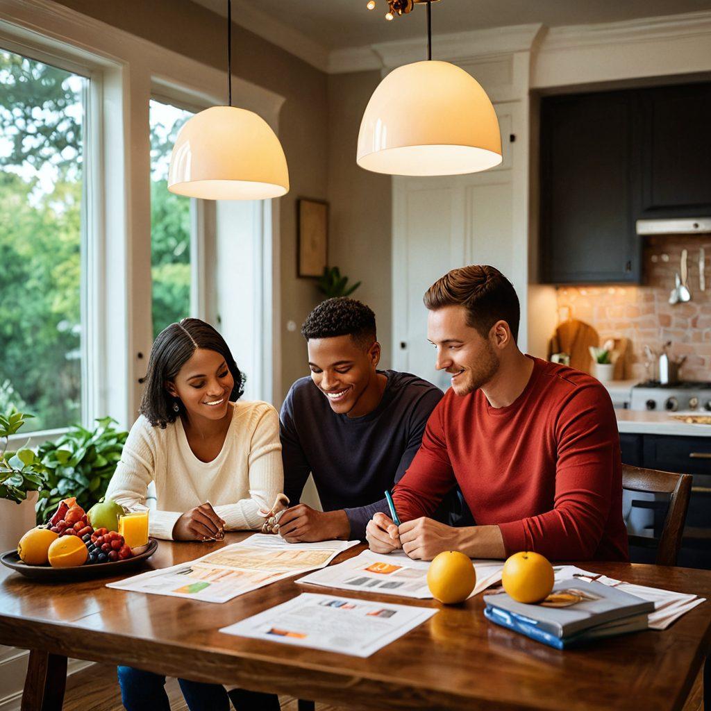 A couple reviewing insurance policy documents together at a cozy dining table, surrounded by visuals of benefits and risks illustrated as playful icons. Include elements showing financial growth and protection like a shield, fruits, and a house. A warm, inviting atmosphere with soft, natural lighting enhances the scene. super-realistic. vibrant colors. warm tones.
