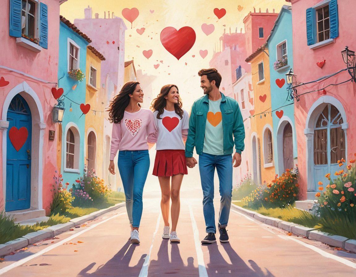 A cheerful couple standing together, surrounded by various insurance symbols like hearts and shields, illustrating love and protection. Soft pastel colors create a warm atmosphere, while an open road in the background symbolizes life's journey together. The couple's expressions reflect confidence and happiness. cartoon style. vibrant colors. white background.